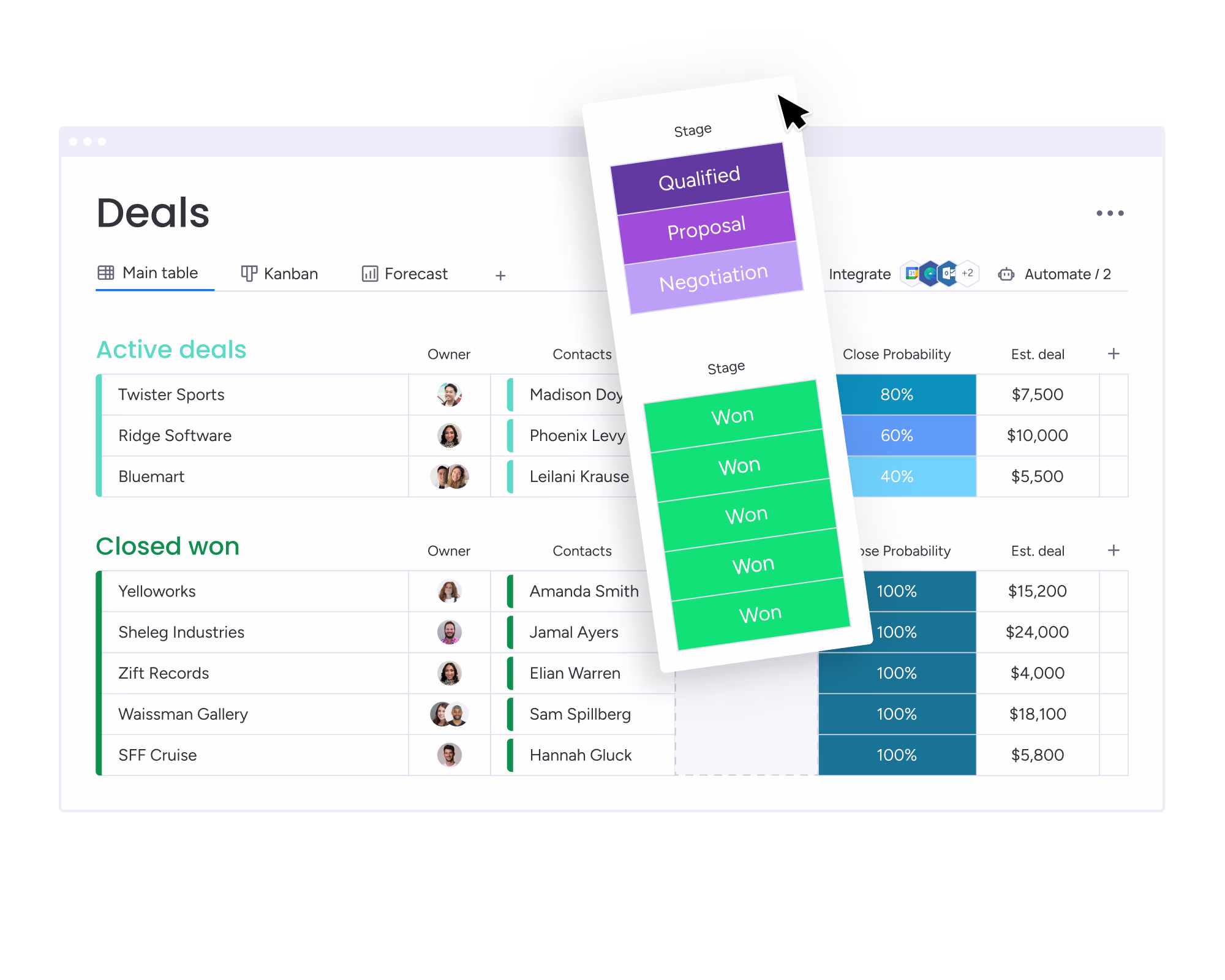 monday.com board showing drag-and-drop task management with status updates