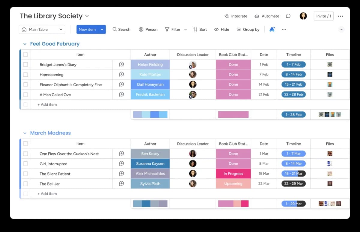monday.com CRM board showing project management with status columns, timelines, and team assignments
